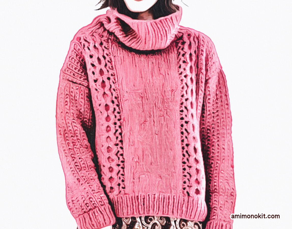 ロールネックセーターの無料編み図レシピ棒針編毛糸ピエロ1