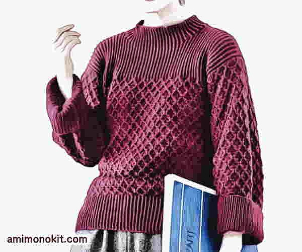 棒針編み無料編み図プルワッフル模様のセーター1