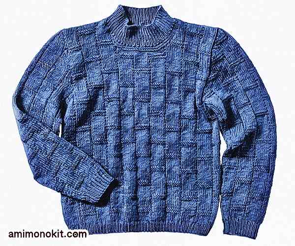 無料編み図メンズセーター棒針編みブロック模様シンプル3