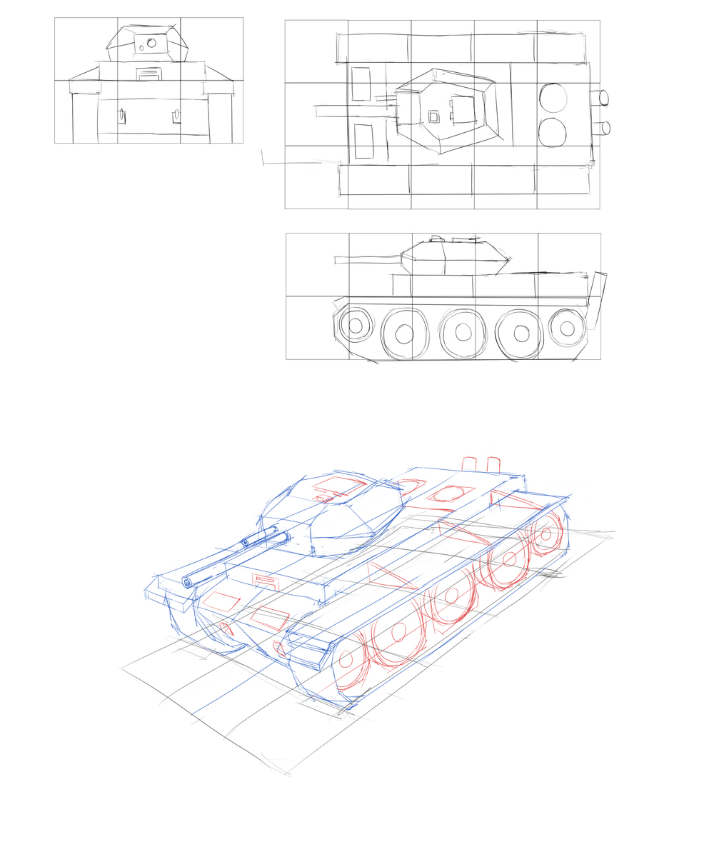 絵が上手くなるために色々な物を描くためのブログ スコット ロバートソンのhow To Draw その６９ 第６章 立体の表現 その２２ 昨日起こした三面 図に細かいところを描き足して それを斜めから見た軽戦車に描き込む