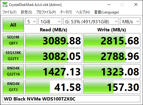 【CrystalDiskMark 8.0.0a】WD Black NVMe WDS100T2X0C