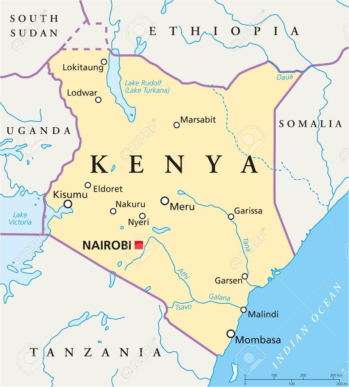 30395102-首都ナイロビ、国境、最も重要な都市、川および湖とケニア政治地図