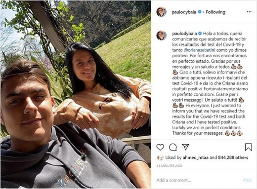 Paulo Dybala has confirmed he and his girlfriend have tested positive for coronavirus