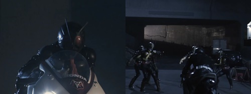 仮面ライダー1号がショッカーライダー軍団にやられる。