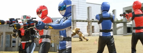 戦隊ヒーロー、レッドバスターがやられてマスクを破壊される。