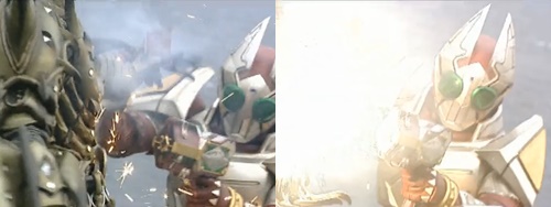 仮面ライダーギャレンがやられマスクを破壊される。